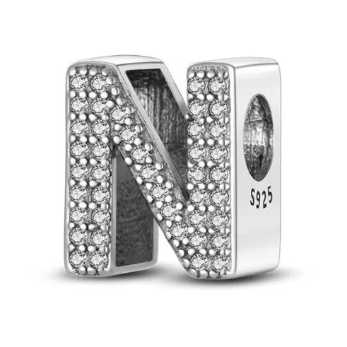 Letter N Sterling Silver Bead Charm - Fits Charm Bracelets and Necklaces.