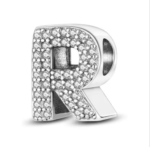 Letter R Sterling Silver Bead Charm - Fits Charm Bracelets and Necklaces.