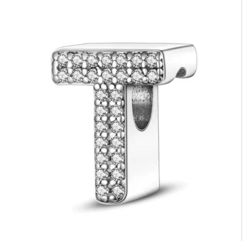 Letter T Sterling Silver Bead Charm - Fits Charm Bracelets and Necklaces.