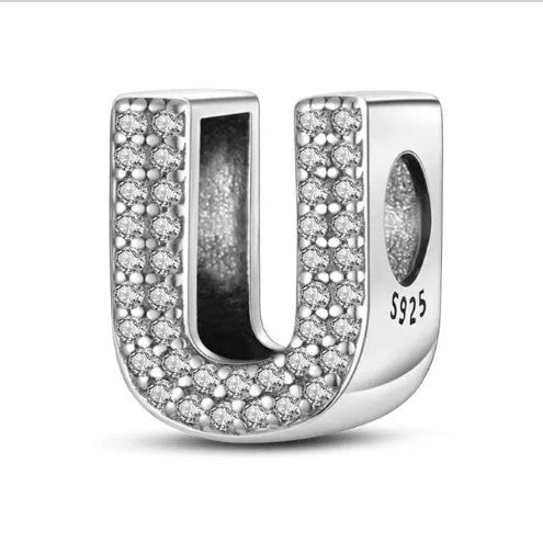 Letter U Sterling Silver Bead Charm - Fits Charm Bracelets and Necklaces.