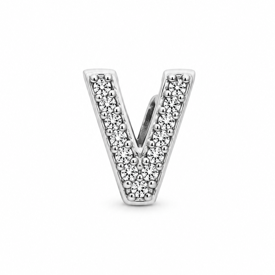 Letter V Sterling Silver Bead Charm - Fits Charm Bracelets and Necklaces.