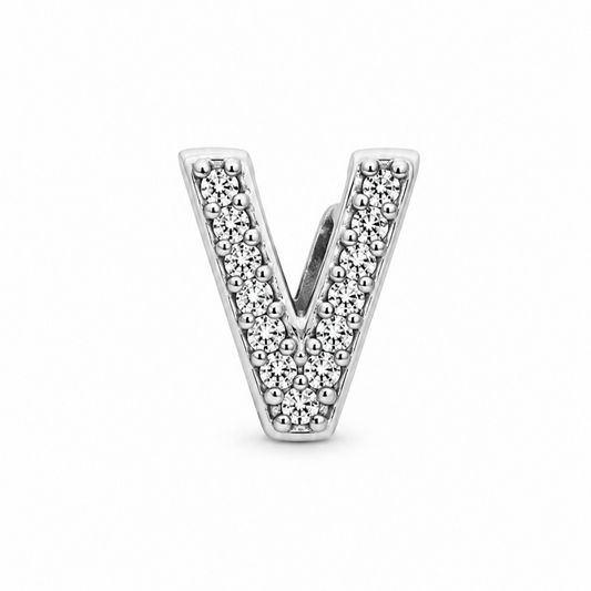 Letter V Sterling Silver Bead Charm - Fits Charm Bracelets and Necklaces.