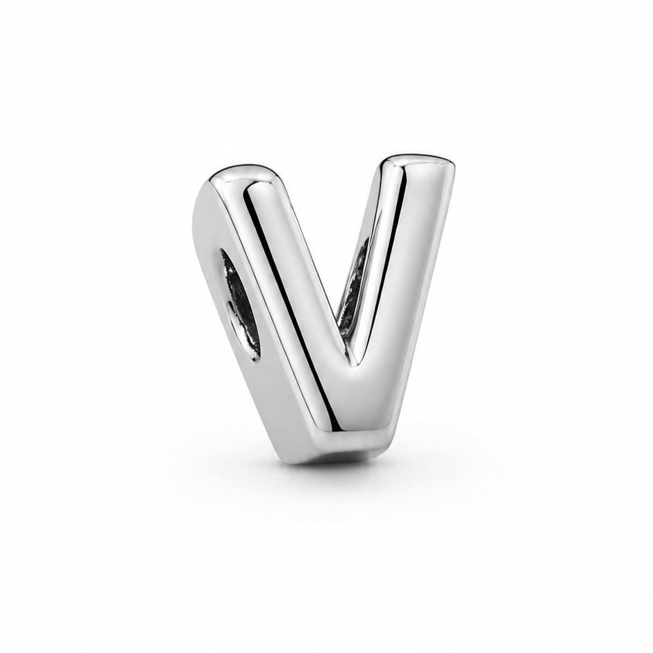 Letter V Sterling Silver Bead Charm - Fits Charm Bracelets and Necklaces.