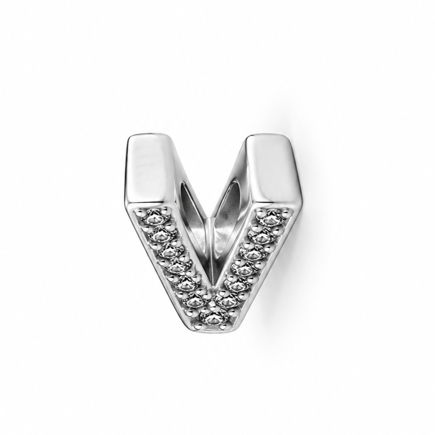 Letter V Sterling Silver Bead Charm - Fits Charm Bracelets and Necklaces.