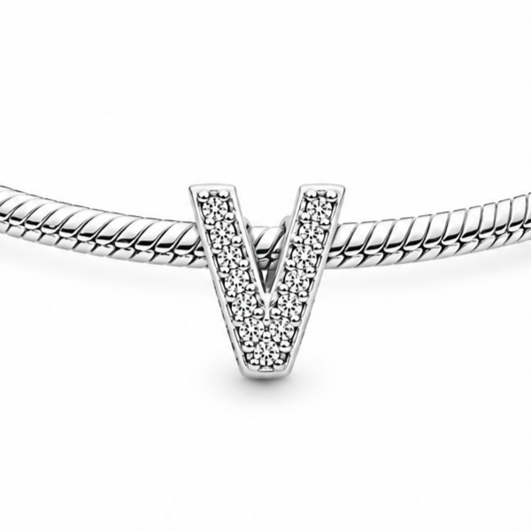 Letter V Sterling Silver Bead Charm - Fits Charm Bracelets and Necklaces.