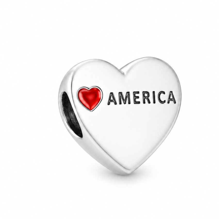 Sterling Silver Heart-Shaped USA Charm – American Flag – Gift Box Included - For Charm Bracelets