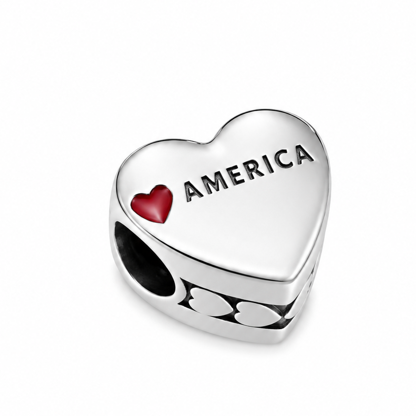 Sterling Silver Heart-Shaped USA Charm – American Flag – Gift Box Included - For Charm Bracelets