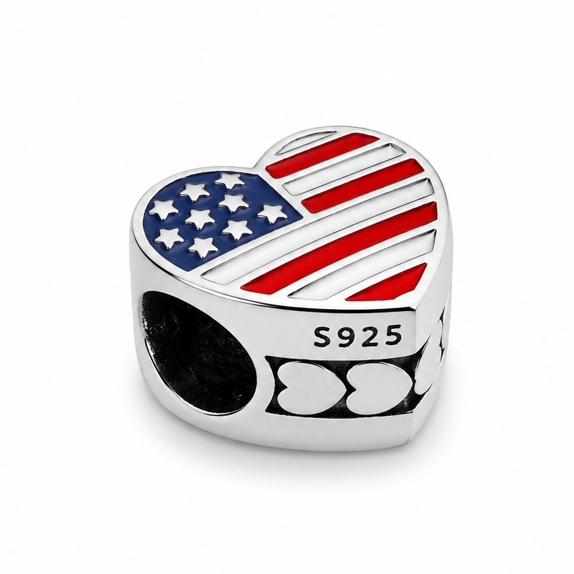 Sterling Silver Heart-Shaped USA Charm – American Flag – Gift Box Included - For Charm Bracelets
