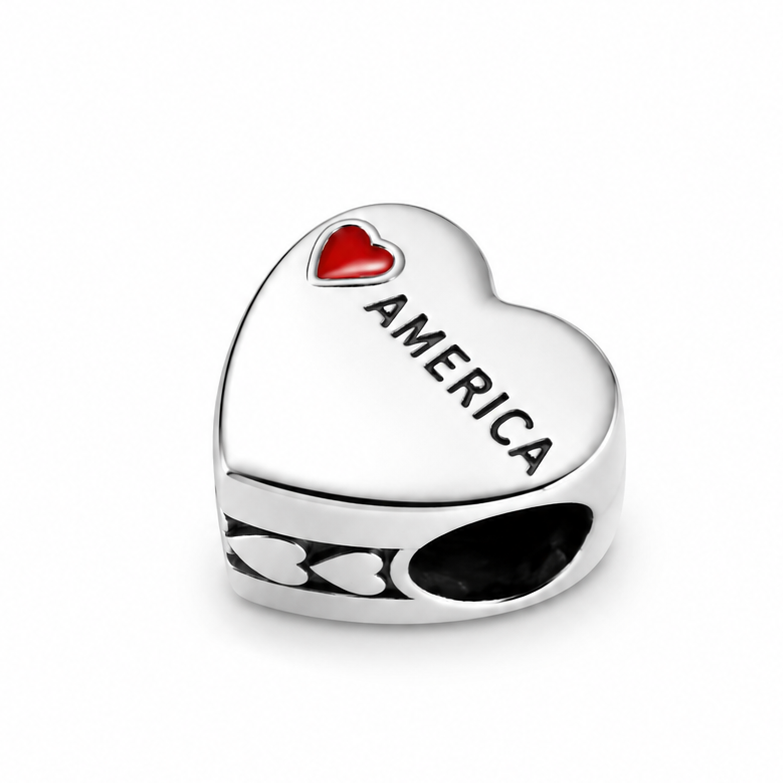 Sterling Silver Heart-Shaped USA Charm – American Flag – Gift Box Included - For Charm Bracelets