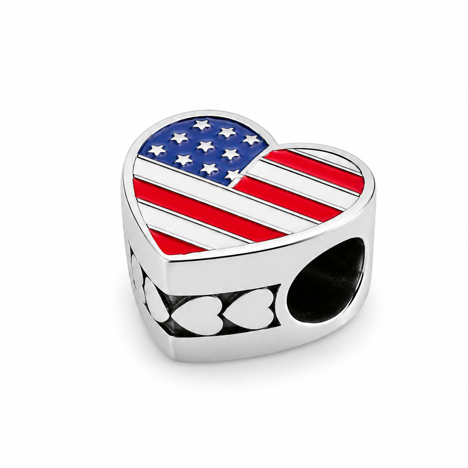 Sterling Silver Heart-Shaped USA Charm – American Flag – Gift Box Included - For Charm Bracelets