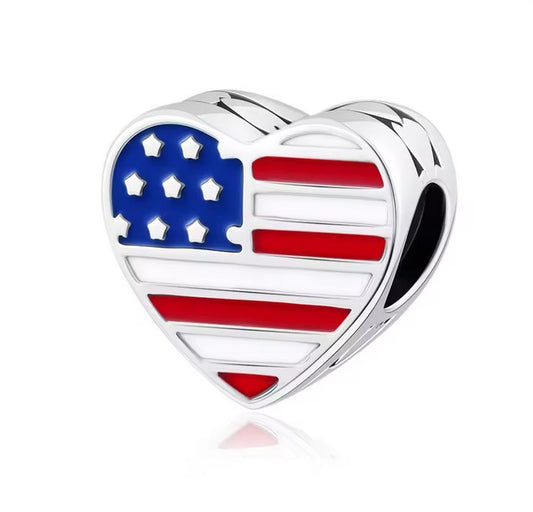 Sterling Silver Heart-Shaped USA Charm – American Flag – Gift Box Included - For Charm Bracelets