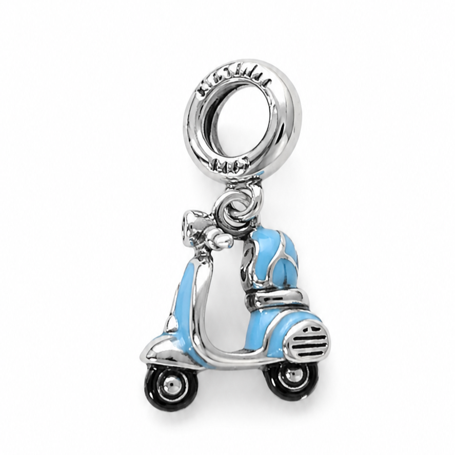 Sterling Silver Blue Scooter Dangle Charm for Bracelets and Necklaces