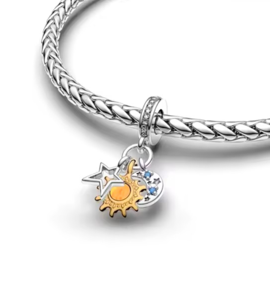 Sterling Silver Sun, Moon and Stars Dangle Charm - With Gift Box and Bag - For Charm Bracelets and Necklaces