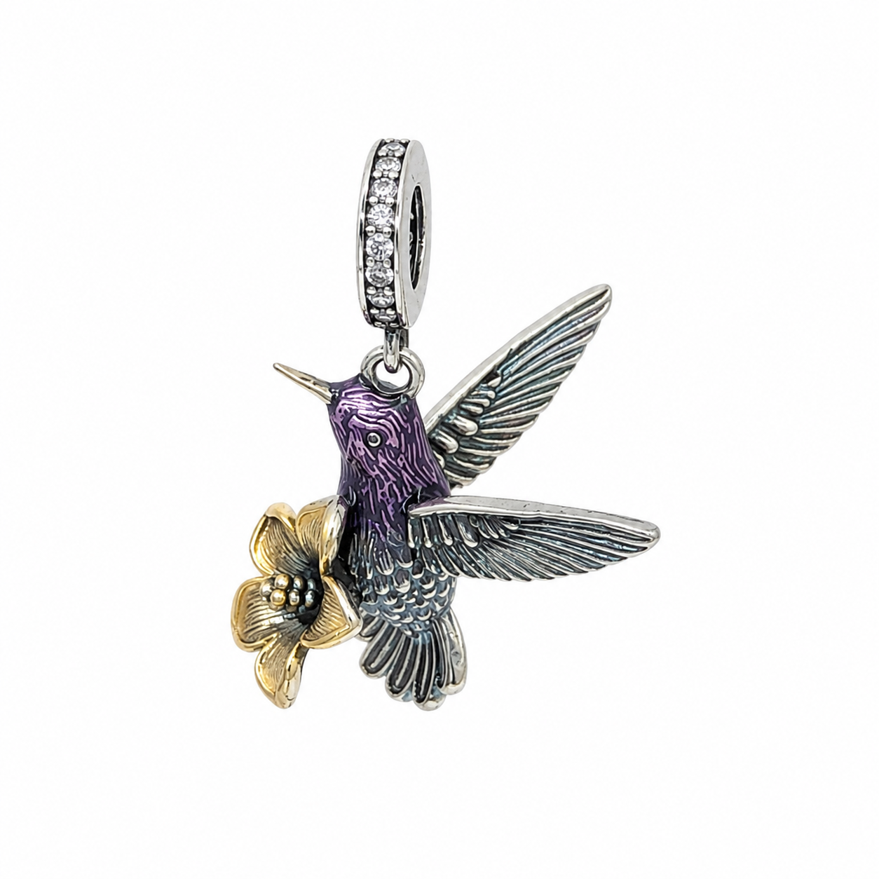 Sterling Silver Hummingbird Dangle Charm - With Gift Box - For Bracelets and Necklaces