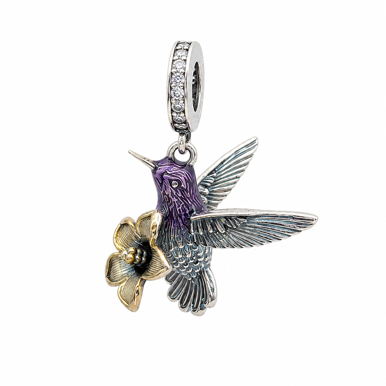 Sterling Silver Hummingbird Dangle Charm - With Gift Box - For Bracelets and Necklaces