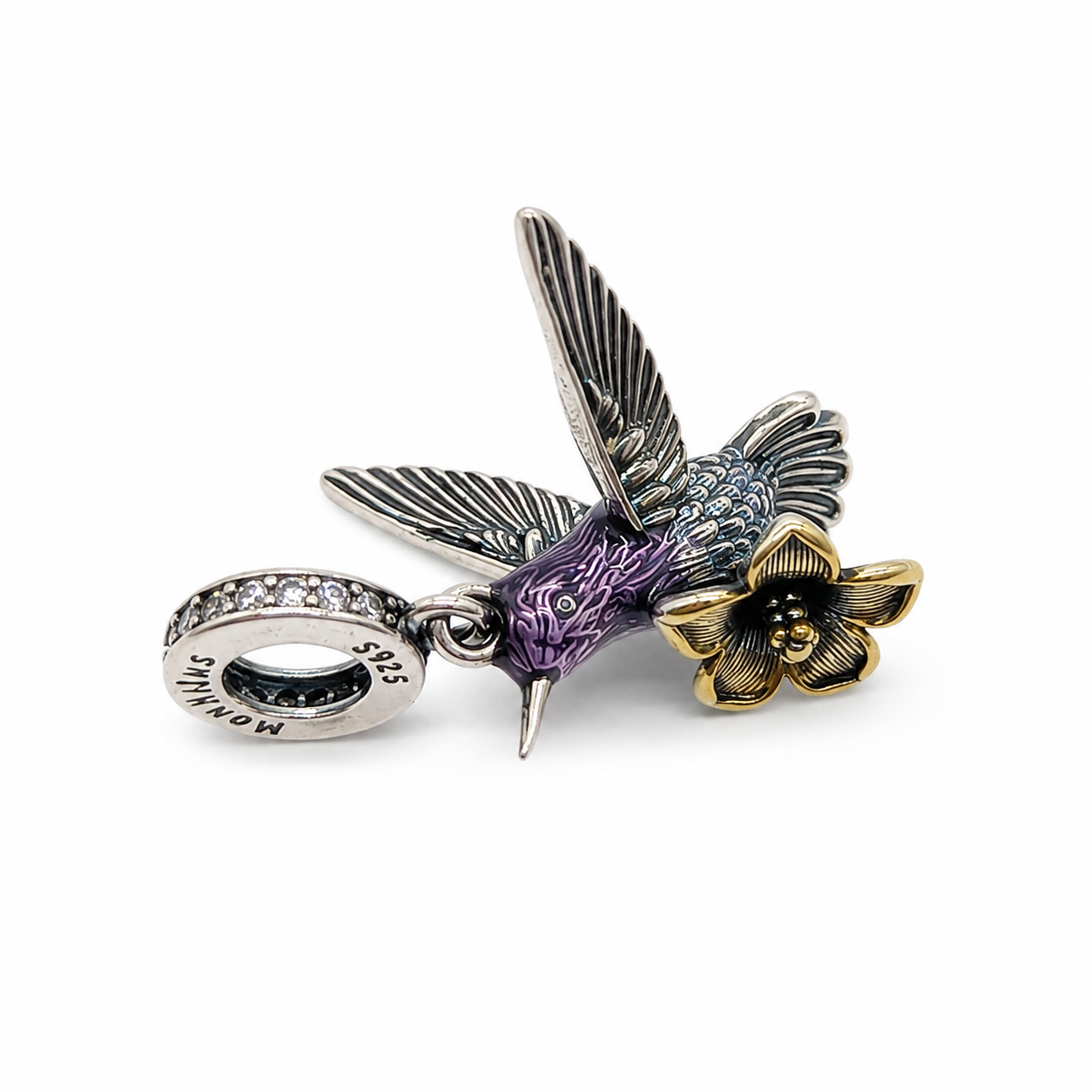 Sterling Silver Hummingbird Dangle Charm - With Gift Box - For Bracelets and Necklaces