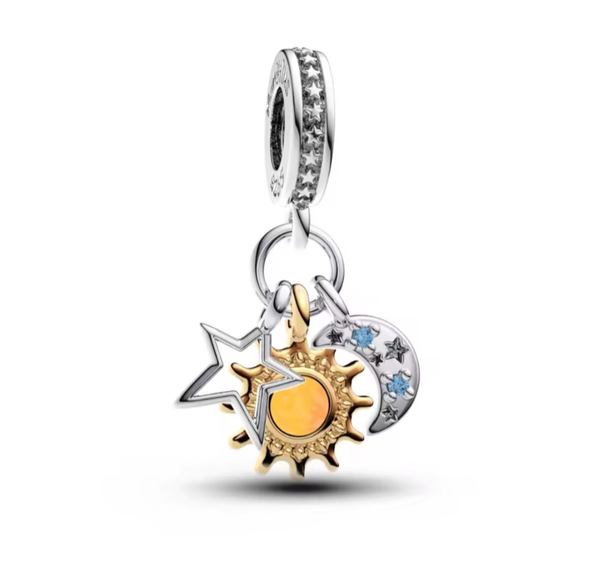 Sterling Silver Sun, Moon and Stars Dangle Charm - With Gift Box and Bag - For Charm Bracelets and Necklaces