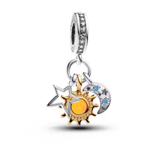Sterling Silver Sun, Moon and Stars Dangle Charm - With Gift Box and Bag - For Charm Bracelets and Necklaces
