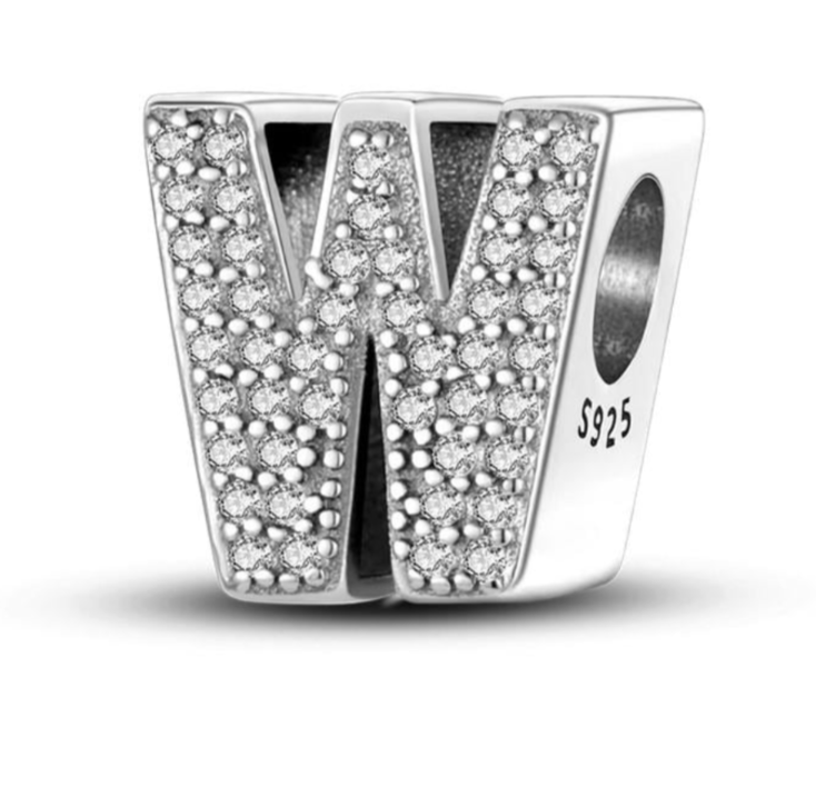 Letter W Sterling Silver Bead Charm - Fits Charm Bracelets and Necklaces.